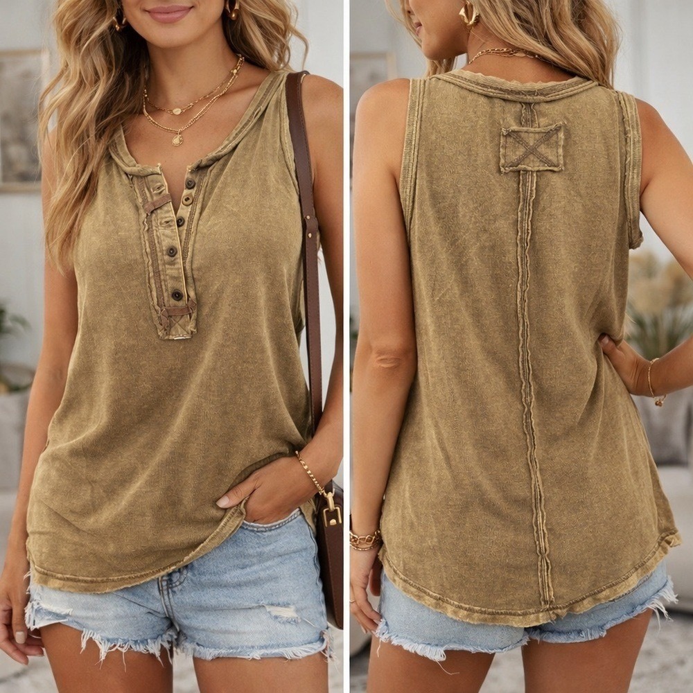 Zenana Acid Wash Sleeveless Boho Mocha Tank Top NWT, Small - Picture 2 of 6